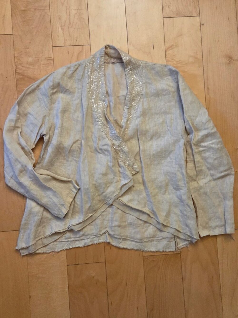 Italian ITALY Linen Bolero Open Cardigan Raw Hem Sequin Long Sleeve Shimmery